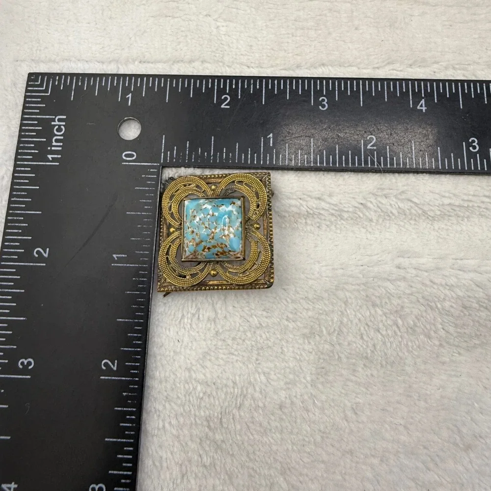 Vintage Czech Brooch Gold Tone Blue Mottled Glass Filigree Square READ
